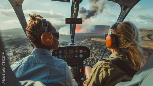 Two women watching a volcano eruption from a safe distance during a helicopter tour photo