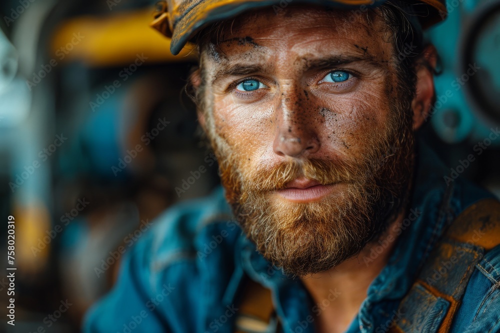 Close-up of a rugged worker with dirt on his face, showcasing strength and resilience Close-up of a rugged worker with dirt on his face, showcasing strength and resilience