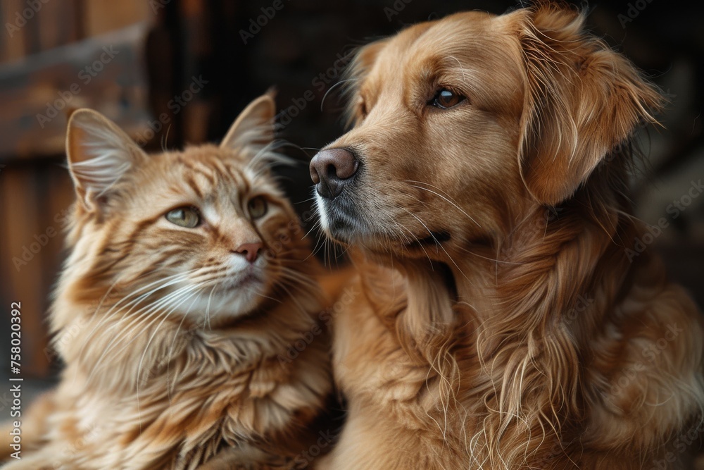 A ginger cat and golden retriever dog share a close and calming moment, highlighting interspecies friendship A ginger cat and golden retriever dog share a close and calming moment, highlighting interspecies friendship