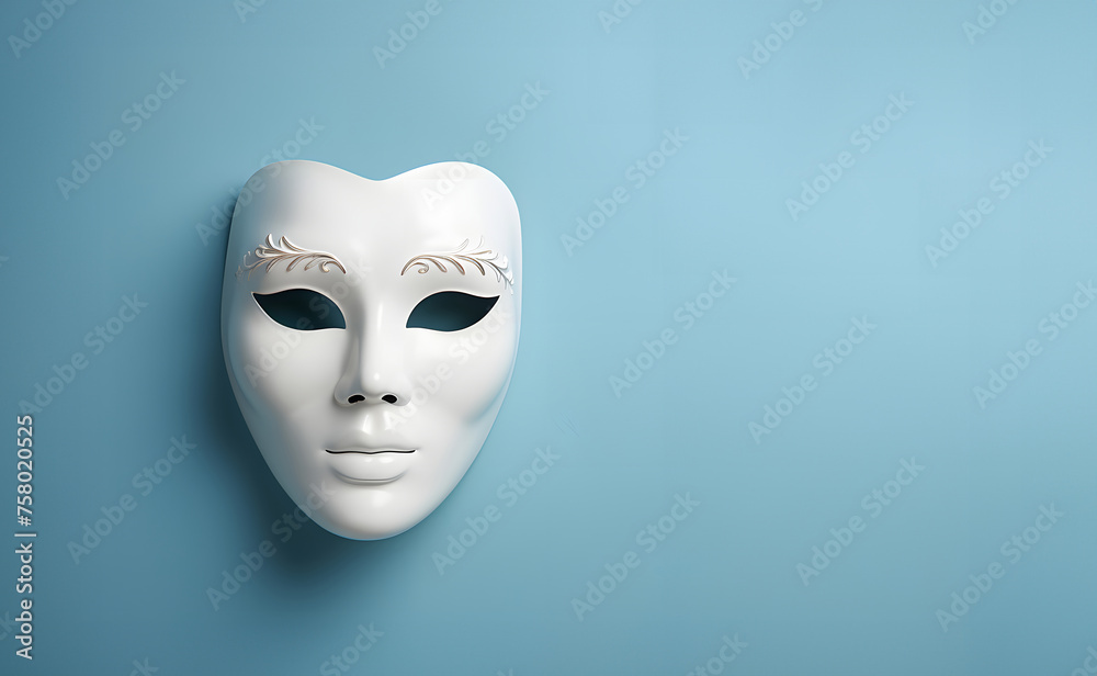 White mask with depressed expression on pastel blue background. - obrazy, fototapety, plakaty 