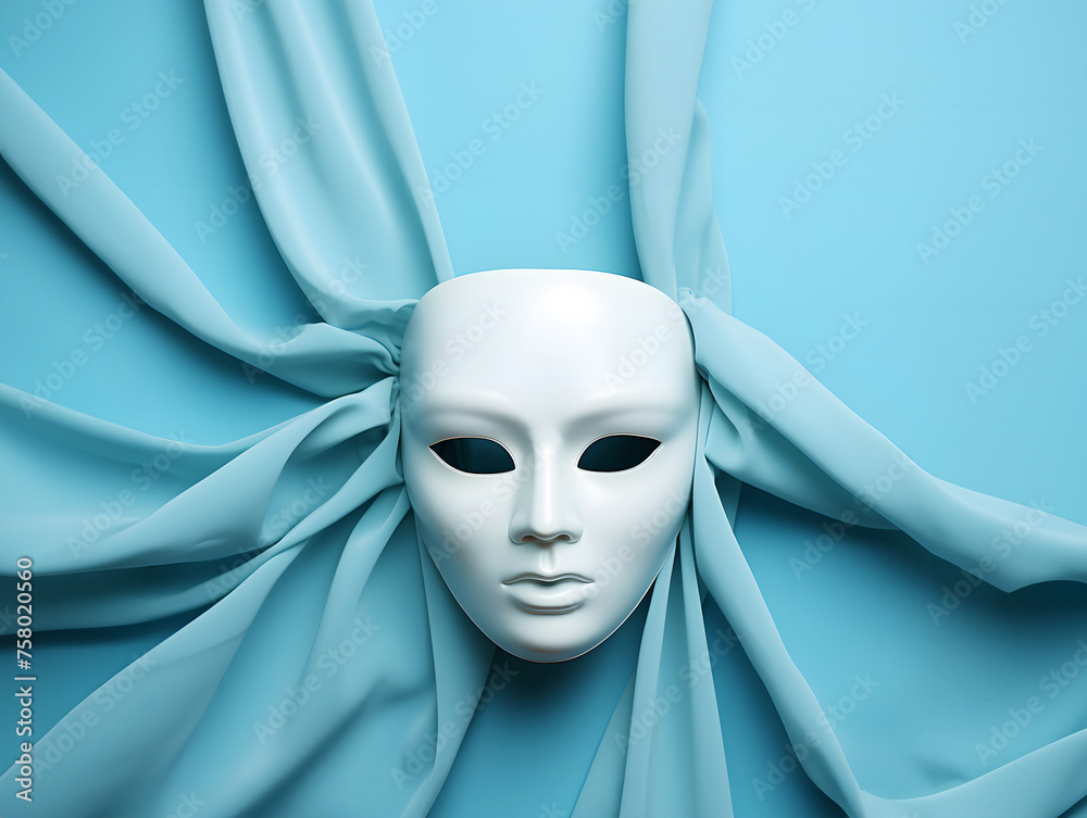 White mask with depressed expression on pastel blue background. - obrazy, fototapety, plakaty 