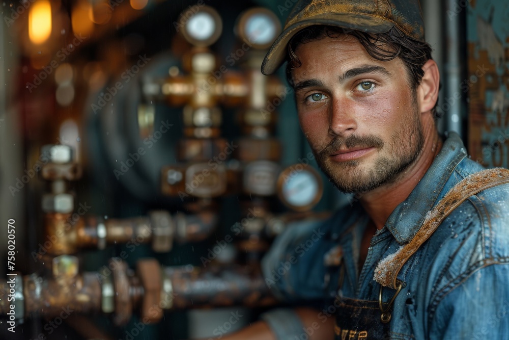 Handsome man with a calm expression working on industrial machinery in a factory setting Handsome man with a calm expression working on industrial machinery in a factory setting