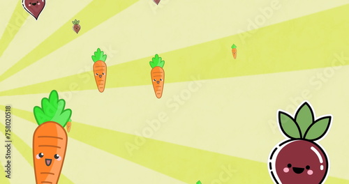 Image of vegetables falling on yellow striped background