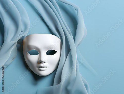 White mask with depressed expression on pastel blue background.