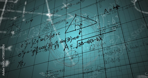 Image of digital screen with scientific data, graphs and math formulas on green background