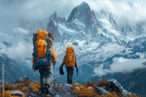 Two adventurers with striking orange backpacks stand before a majestic, snow-covered mountain peak, surrounded by wispy clouds and rugged terrain