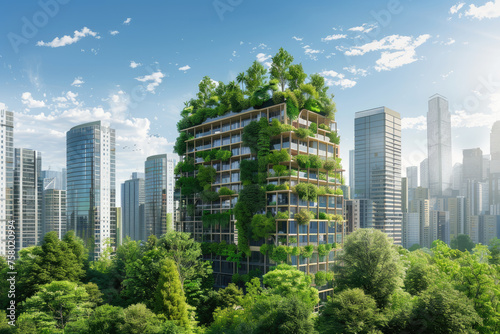 3D rendering of a green building with plants on top and a modern city skyline in the background. A futuristic sustainable architecture concept, skyscrapers in a forest. An eco friendly urban landscape © Kien