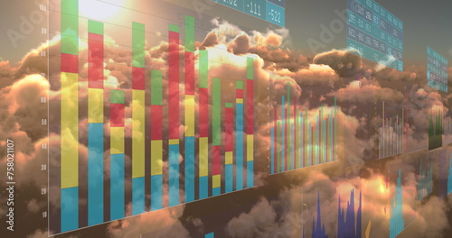 Image of financial data processing over sky with clouds