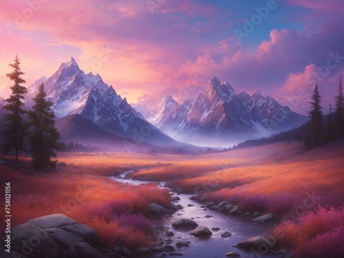 "Twilight Majesty: Mountain Evening Glow and Tranquil Reflection"