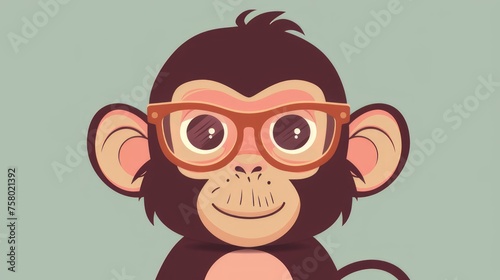 Illustration in flat style, A cute little monkey wearing glasses posed against a studio background