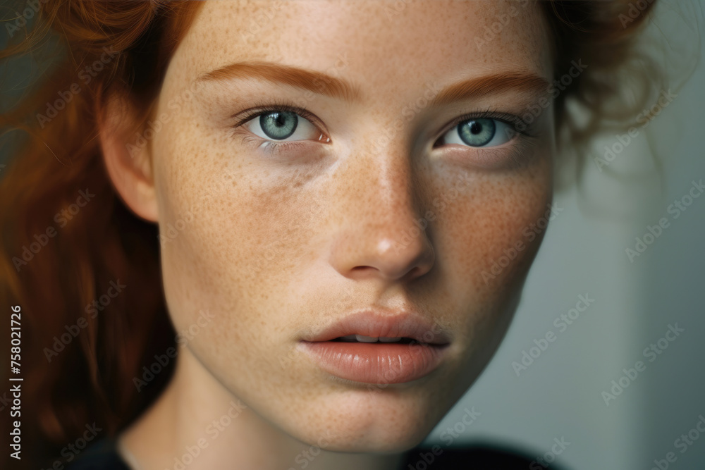Close-up of a woman with ginger hair, green eyes, and freckles, portraying a thoughtful and serene expression. Close-up of a woman with ginger hair, green eyes, and freckles, portraying a thoughtful and serene expression.