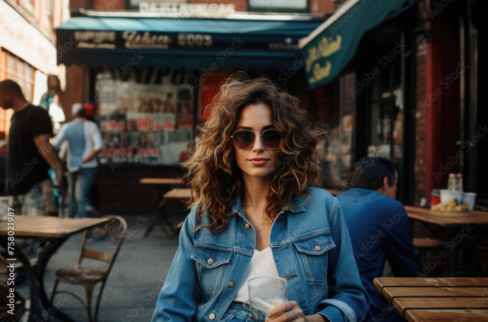 Trendy woman with curly hair and sunglasses sips a drink in a lively city market, embodying urban chic.