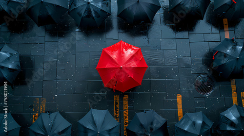 top view of black umbrellas cover the street and one red umbrella in the middle for differentiation business photo