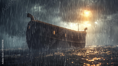 Noah ark in the middle of the ocean during a storm