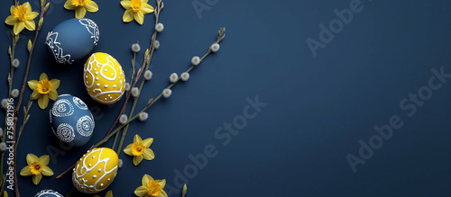 Easter eggs and spring flowers on a blue background. Happy Easter concept.