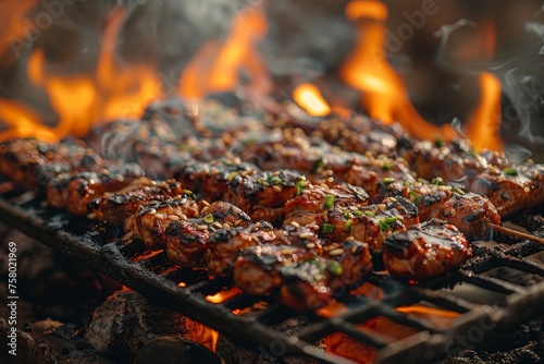 Succulent skewered meat sizzles over a charcoal grill, perfect for a summer barbecue