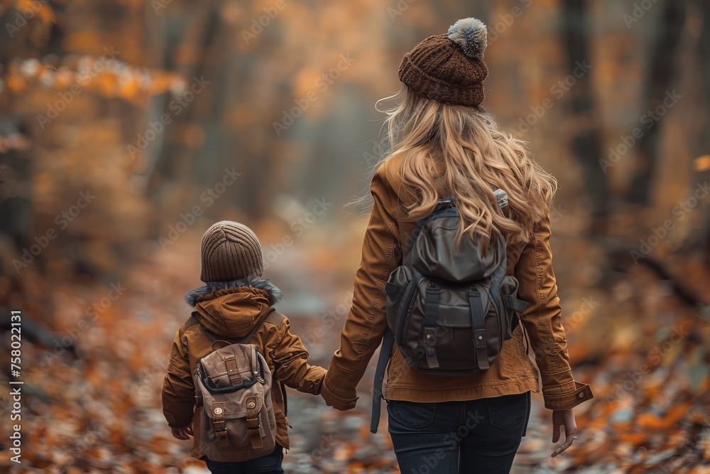 A mother grasps her son's hand as they enjoy a peaceful walk amidst a beautifully vibrant autumn landscape A mother grasps her son's hand as they enjoy a peaceful walk amidst a beautifully vibrant autumn landscape