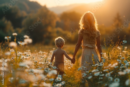 Woman and toddler walking hand in hand amidst wildflowers as the sun sets, conveying warmth and family love photo