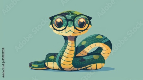 Illustration in flat style, A cute little snake wearing glasses posed against a studio background