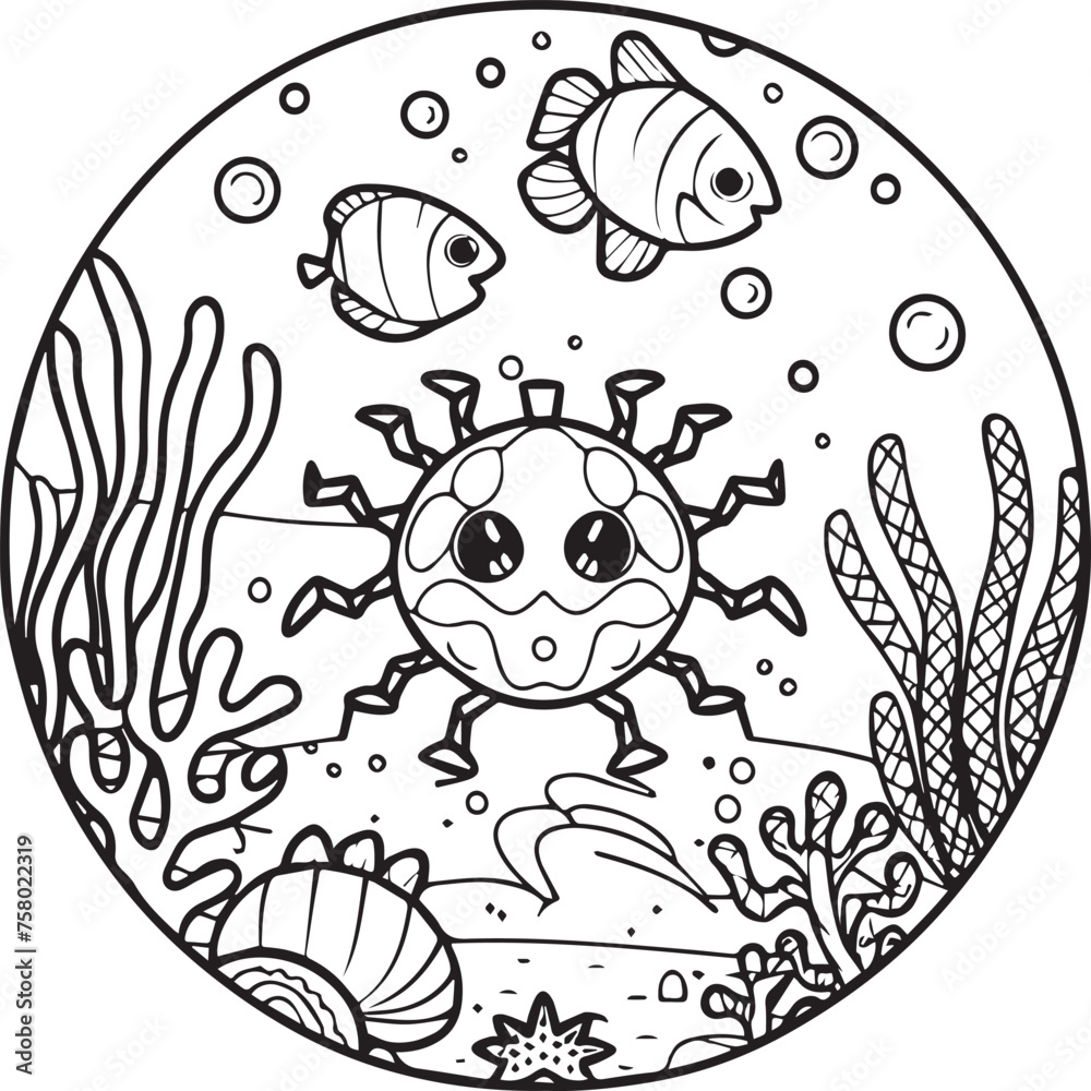 Fototapeta premium Sea life coloring pages for coloring book. Sea life outline vector