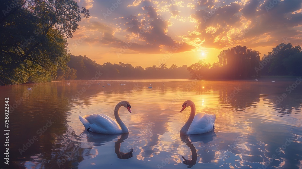 Fototapeta premium Tranquil lake scene with swans under a soft sunset