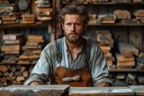 Portrait of a dedicated craftsman wearing an apron standing in his woodwork shop