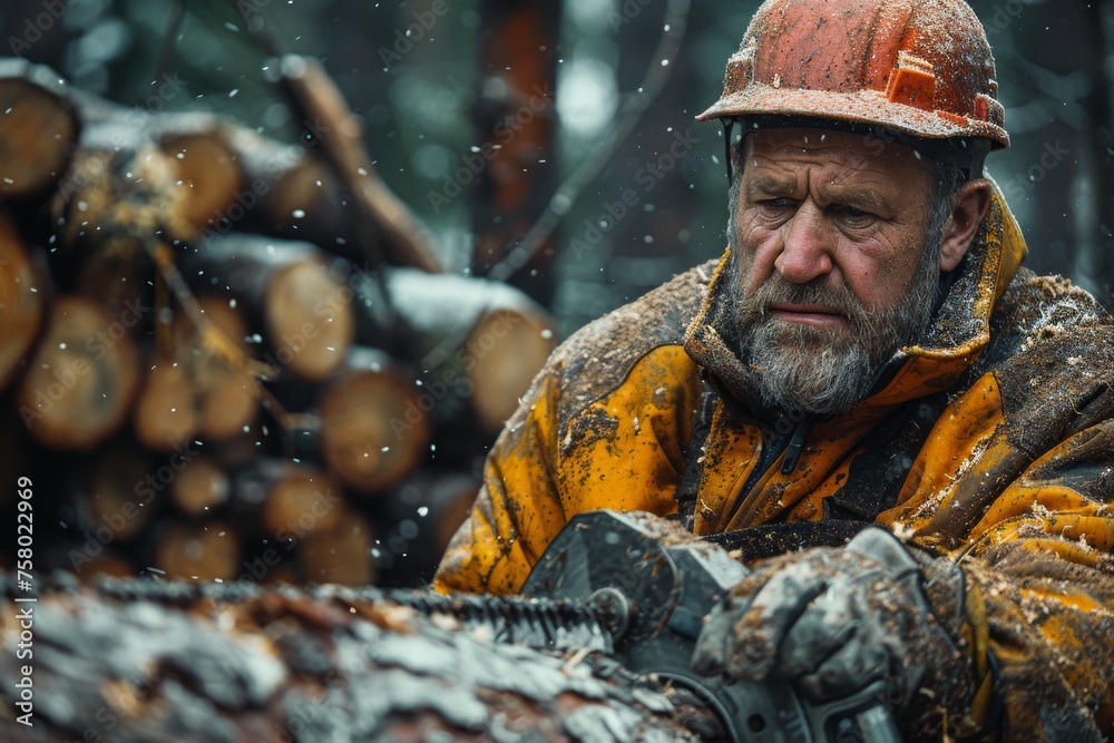 An older lumberjack in a yellow jacket holds a chainsaw, snow-covered with intense focus