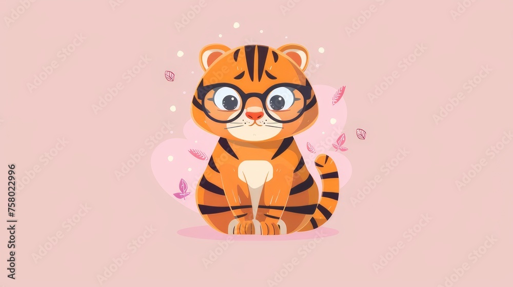 Illustration in flat style, A cute little tiger wearing glasses posed against a studio background