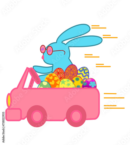 A blue rabbit is driving a pink car full of Easter eggs.
