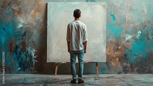 A man stands in front of a blank canvas, looking at it with a contemplative expression © Wuttichai