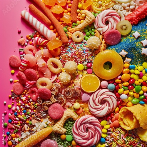 A radiant display of colorful junk food against a luminous background.