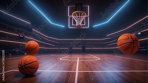 A basketball on the court in neon lighting. There will be an aggressive GAME!