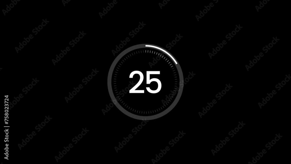 Circle countdown timer 30 seconds animation from 30 to 0 seconds. on black background. 4k vIdeo