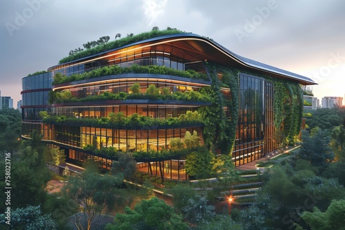 A sustainable urban office hub with solar panels photo