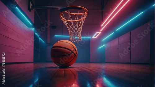 A basketball on the court in neon lighting. There will be an aggressive GAME!