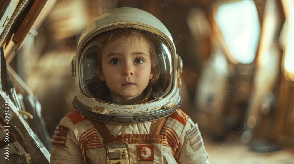 Portrait of cute young astronaut stands in a vintage-style spaceship, child is dreaming of wonder and exploration in imaginary space adventure. Happy childhood concept