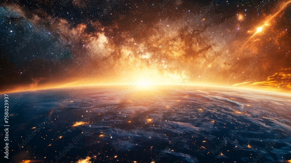 Breathtaking view of a sunrise cresting over the Earth's horizon with the Milky Way galaxy stretching into the vastness of space. Breathtaking view of a sunrise cresting over the Earth's horizon with the Milky Way galaxy stretching into the vastness of space.