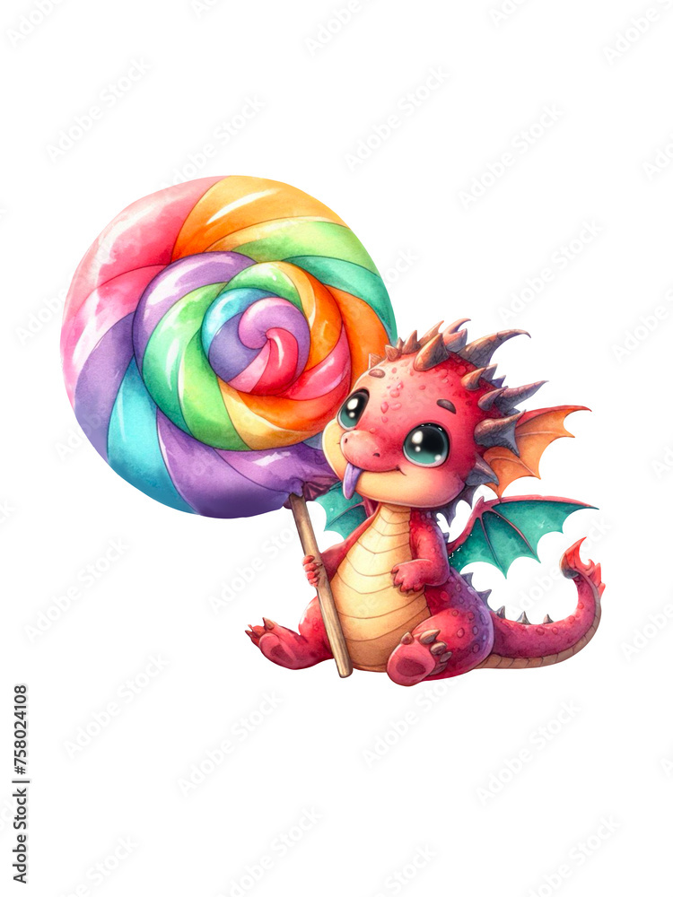 Naklejka premium Kleiner Drache mit riesigem Lolli, niedliches Kindermotiv, PNG