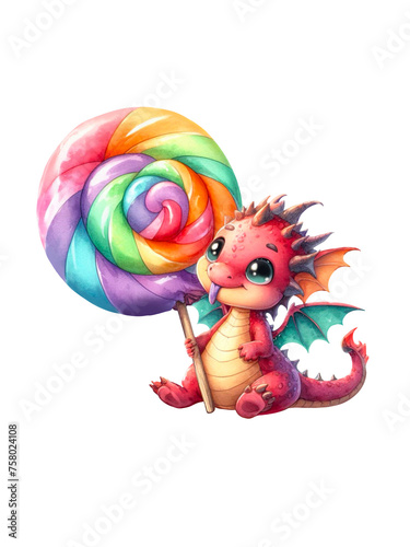 Kleiner Drache mit riesigem Lolli, niedliches Kindermotiv, PNG