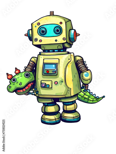 Kleiner Roboter mit Spielkrokodil, niedliches Kindermotiv, PNG