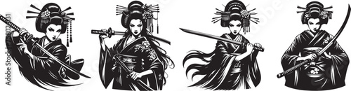 aggressive dangerous Japanese geisha in kimono with sword, black vector graphic laser cutting engraving