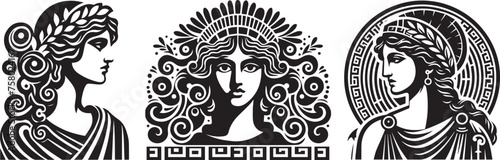 portrait of an ancient Roman woman, adorned in ancient style, black vector graphic laser cutting engraving