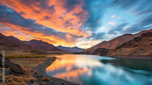 Tranquil mountain sunset majestic landscape with vibrant sunset hues reflected in a peaceful lake