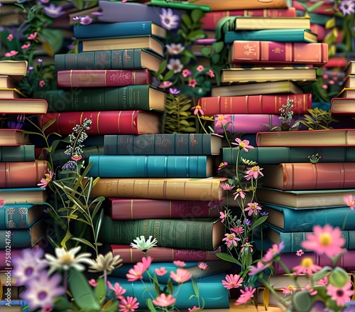 Tile wallpaper with stacks of colorful fantasy books and flowers