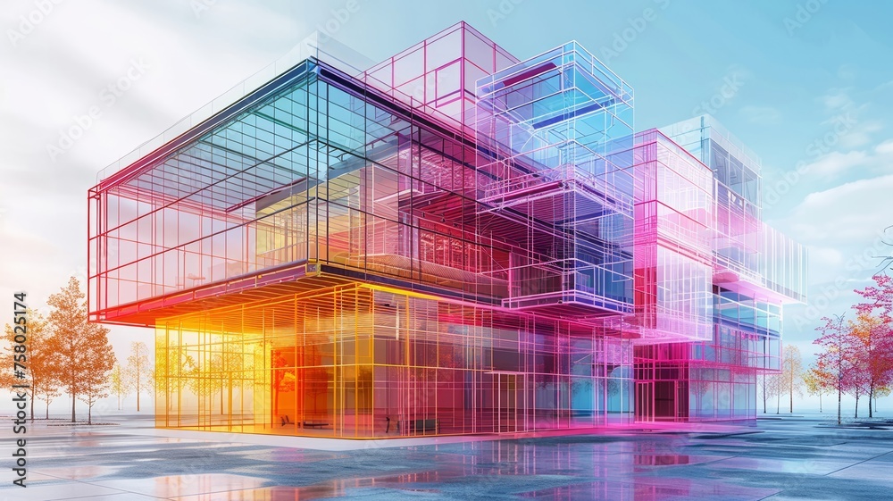 Construct a 3D wireframe building concept with colorful accents on a technical drawing