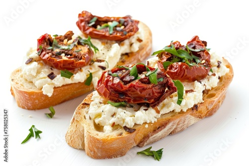 Sundried Tomato and Ricotta Sundried tomato and ricotta cheese on toasted baguette food photogrphy