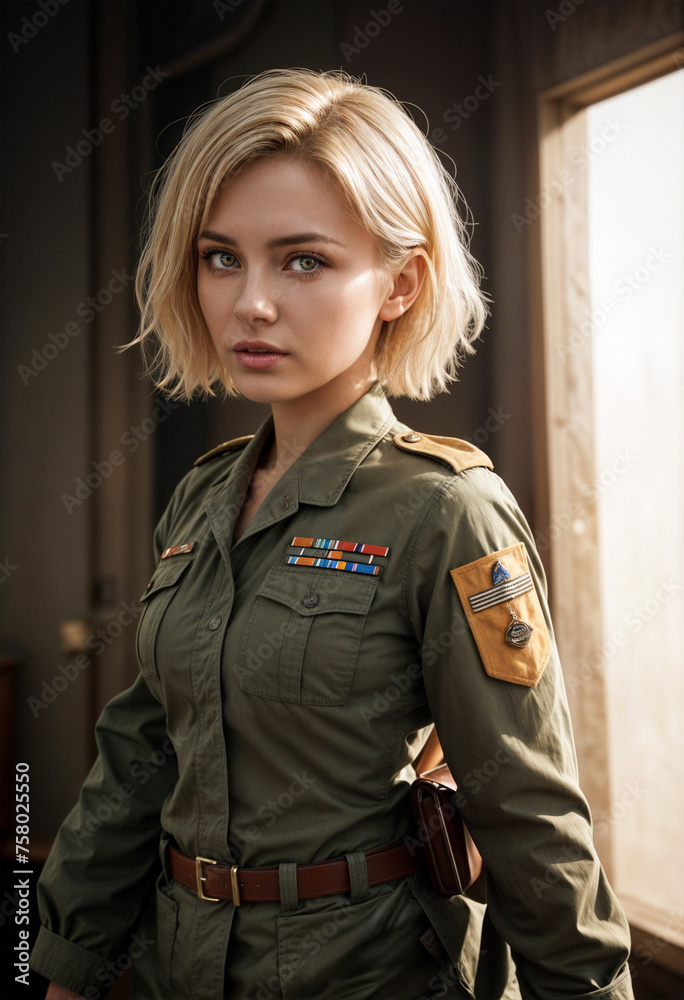 Close up portrait of a young blonde woman in military uniform. Generative AI Close up portrait of a young blonde woman in military uniform. Generative AI
