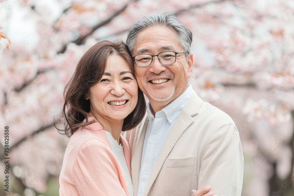 A middle age Asian couple, wearing peach pink and smiling happily at the camera in front of cherry blossom trees