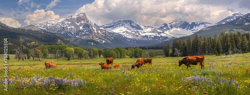 cows grazing in a quiet clearing adorned with vibrant wildflowers, set against a backdrop of lush greenery and snow-capped mountains, creating a picturesque scene of natural beauty.