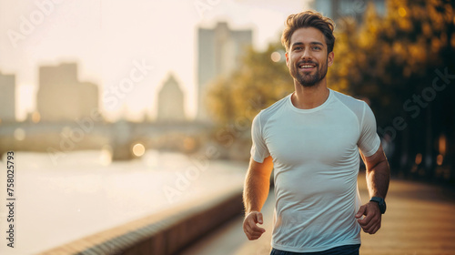 A Handsome Young Caucasian Man with a Beard Enjoys a Sunset Jog Along a City Riverbank, Radiating Fitness and Healthy Lifestyle © Damian